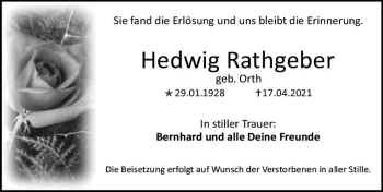 Traueranzeige von Hedwig Rathgeber von vrm-trauer