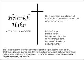 Traueranzeige von Heinrich Hahn von vrm-trauer