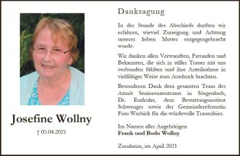 Traueranzeige von Josefine Wollney von vrm-trauer