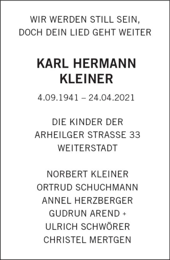 Traueranzeige von Karl Hermann Kleiner von vrm-trauer