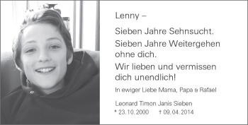 Traueranzeige von Leonard Timon Janis Sieben von vrm-trauer