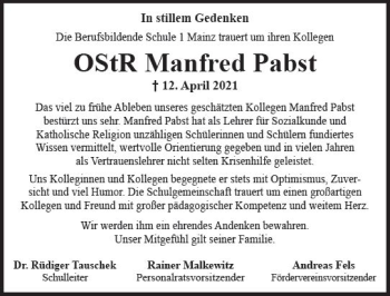 Traueranzeige von Manfred Pabst von vrm-trauer
