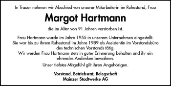 Traueranzeige von Margot Hartmann von vrm-trauer