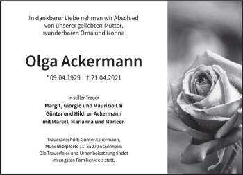 Traueranzeige von Olga Ackermann von vrm-trauer