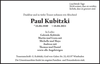 Traueranzeige von Paul Kubitzki von vrm-trauer