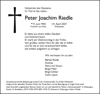 Traueranzeige von Peter Joachim Riedle von vrm-trauer