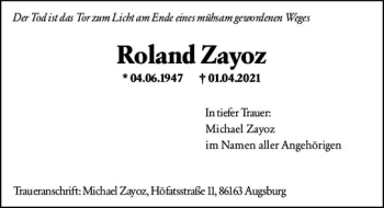 Traueranzeige von Roland Zayoz von vrm-trauer