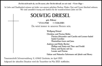 Traueranzeige von Solweig Driesel von vrm-trauer
