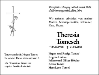 Traueranzeige von Theresia Tomesch von vrm-trauer