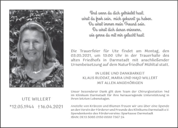 Traueranzeige von Ute Willert von vrm-trauer