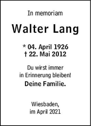 Traueranzeige von Walter Lang von vrm-trauer