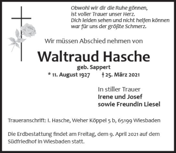 Traueranzeige von Waltraud Hasche von vrm-trauer