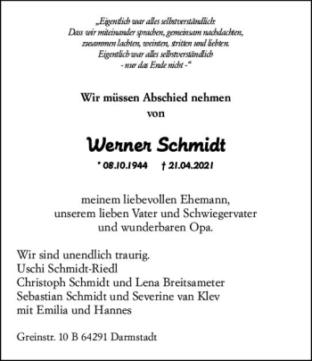 Traueranzeige von Wernen Schmidt von vrm-trauer