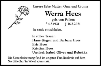 Traueranzeige von Werra Hees von vrm-trauer