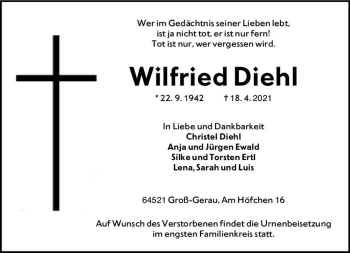 Traueranzeige von Wilfried Diehl von vrm-trauer