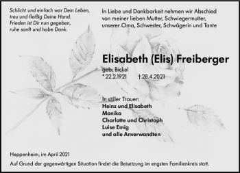 Traueranzeige von Elisabeth  Freiberger von vrm-trauer