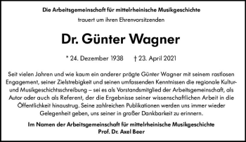Traueranzeige von Günter Wagner von vrm-trauer