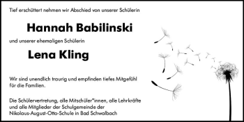 Traueranzeige von Hannah Babilinski von vrm-trauer