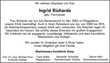 Traueranzeige von Ingrid Richards von vrm-trauer