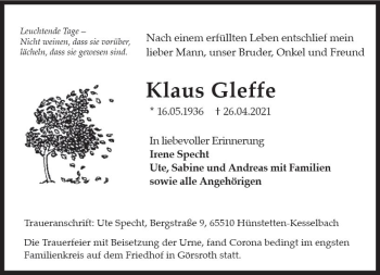 Traueranzeige von Klaus Gleffe von vrm-trauer