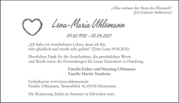 Traueranzeige von Lena-Maria Uhlemann von vrm-trauer