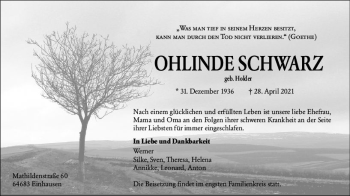 Traueranzeige von Ohlinde Schwarz von vrm-trauer
