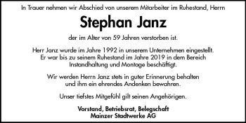 Traueranzeige von Stephan Janz von vrm-trauer
