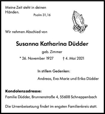 Traueranzeige von Susanna Katharina Düdder von vrm-trauer