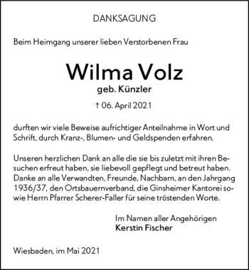 Traueranzeige von Wilma Volz von vrm-trauer