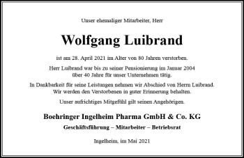 Traueranzeige von Wolfgang Luibrand von vrm-trauer