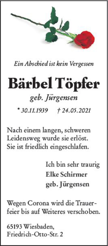 Traueranzeige von Bärbel Töpfer von vrm-trauer