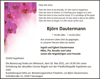 Traueranzeige von Björn Dautermann von vrm-trauer