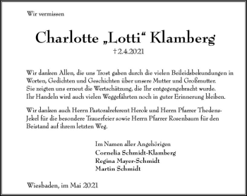 Traueranzeige von Charlotte  Kanilierg von vrm-trauer