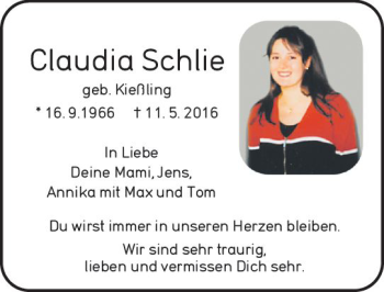 Traueranzeige von Claudia Schlie von vrm-trauer