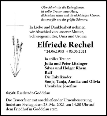 Traueranzeige von Elfriede Rechet von vrm-trauer