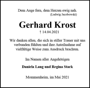Traueranzeige von Gerhard Krost von vrm-trauer