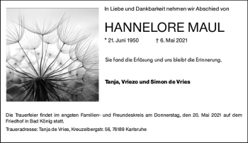 Traueranzeige von Hannelore Maul von vrm-trauer