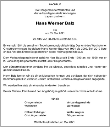 Traueranzeige von Hans Werner Balz von vrm-trauer