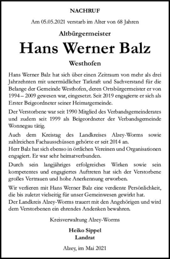 Traueranzeige von Hans Werner Balz von vrm-trauer