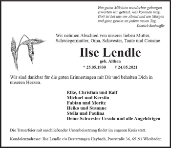 Traueranzeige von Ilse Lendle von vrm-trauer