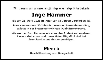 Traueranzeige von Inge Hammer von vrm-trauer