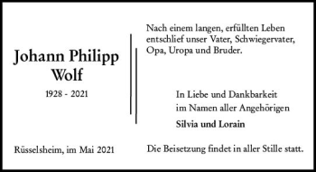 Traueranzeige von Johann Philipp Wolf von vrm-trauer
