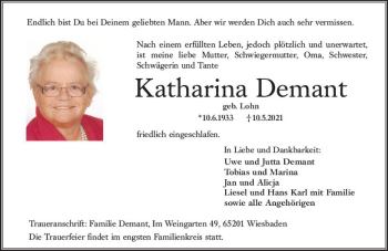Traueranzeige von Katharina Demant von vrm-trauer