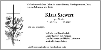 Traueranzeige von Klara Saewert von vrm-trauer