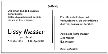 Traueranzeige von Lissy Messer von vrm-trauer