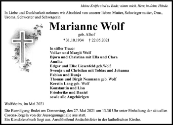 Traueranzeige von Marianne Wolf von vrm-trauer