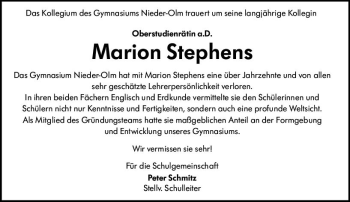 Traueranzeige von Marion Stephens von vrm-trauer