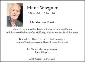 Traueranzeige von Werner Wiegner von vrm-trauer