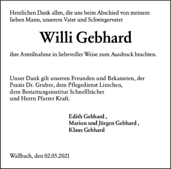 Traueranzeige von Willi Gebhard von vrm-trauer