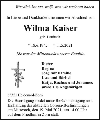 Traueranzeige von Wilma Kaiser von vrm-trauer